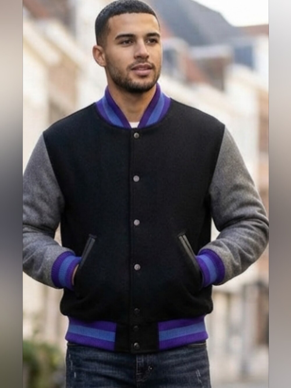 Men's Black & Gray Varsity Bomber Jacket with Purple Trim